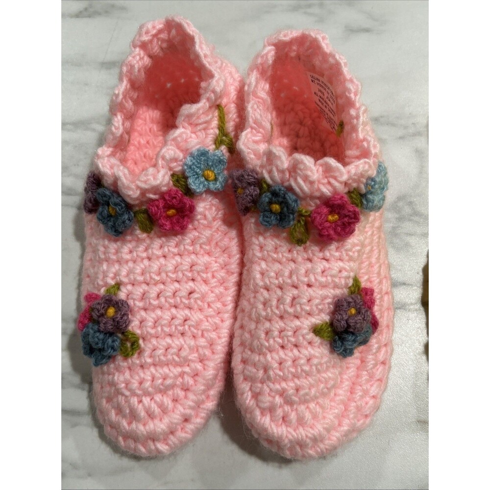 New Vintage Lillian Vernon Crochet Slippers OS Pink 9” Long Granny Core Cottage